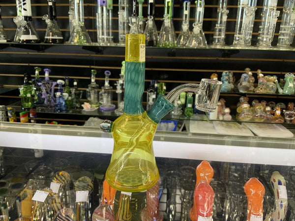 AJ Glass to Mouth Yellow/Teal Mini Tube Rig with Bear Banger (Auction)